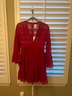 Cielo Deep Red Long Sleeve V-Neck Ruffle Mini Dress